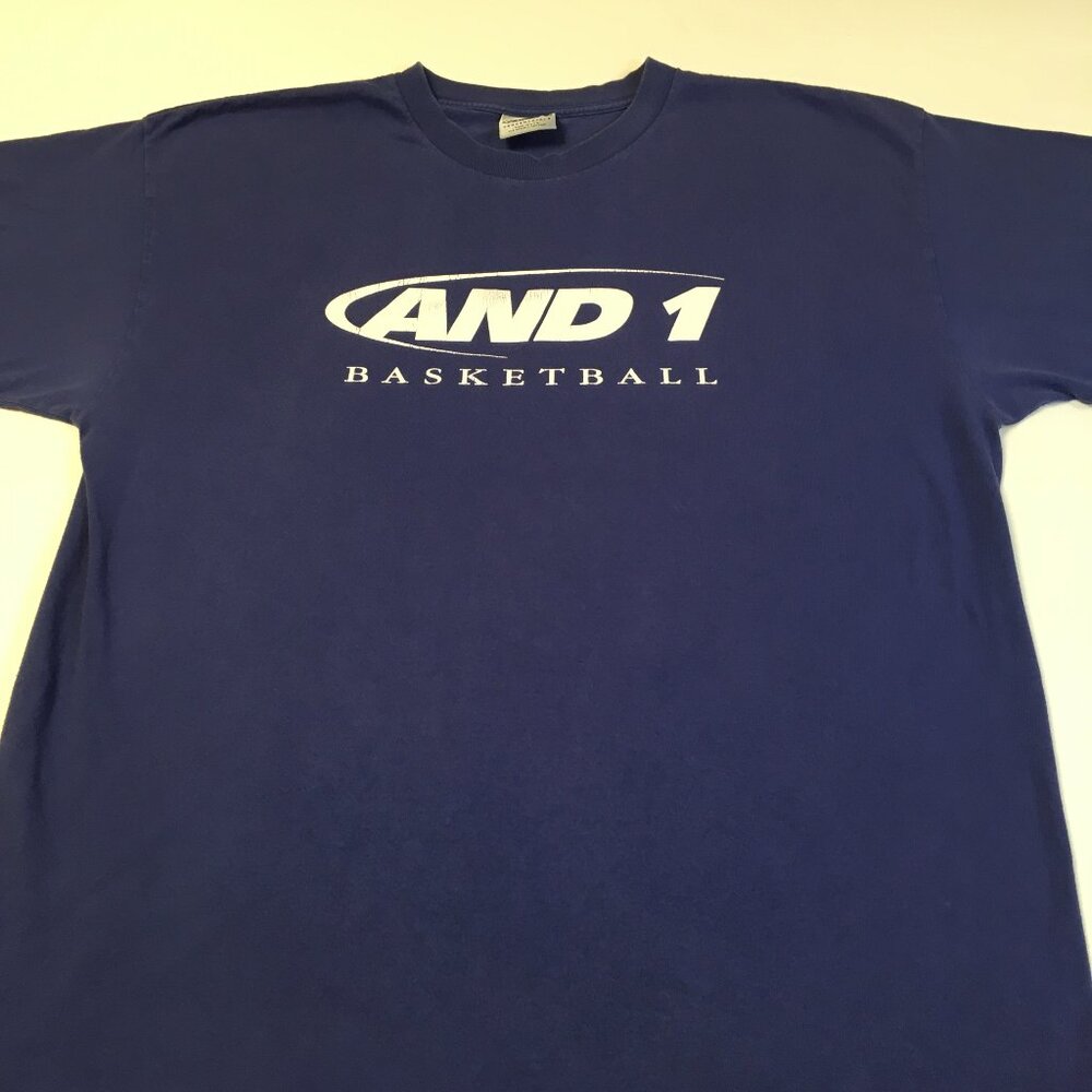AND1 Basketball Tee 2XL Dark Blue Vintage USA Made Logo Streetwear Crew Neck
